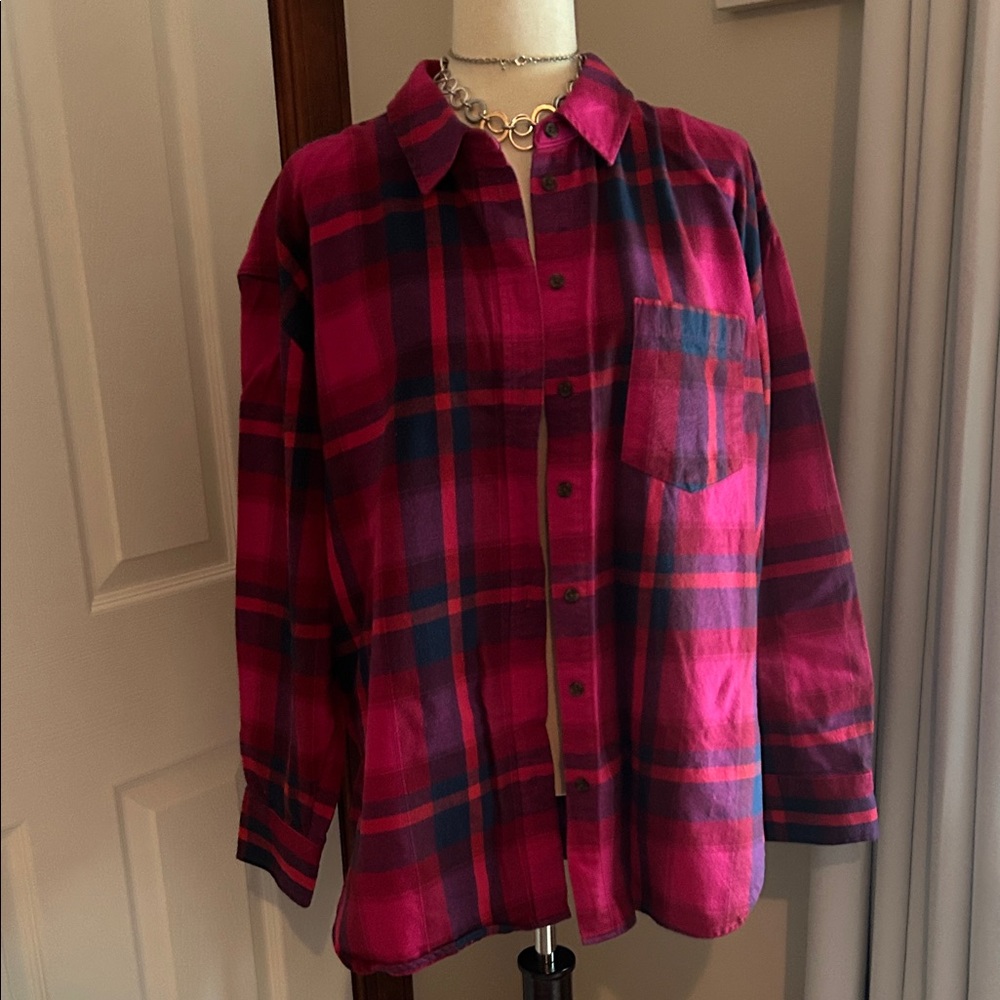 Pink and Blue Flannel Plaid Button-Up Shirt